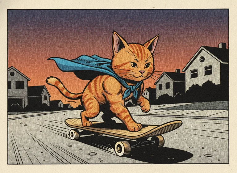 American Comic Book: cat riding a skateboard, AI-generated illustration