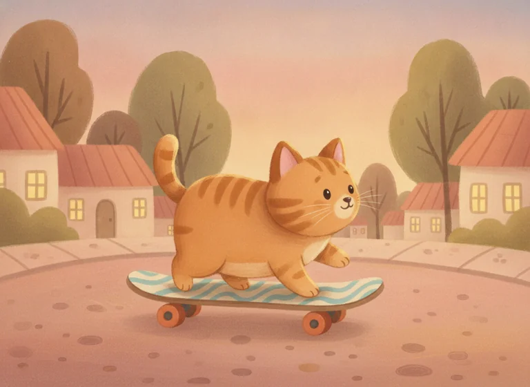 Children's Storybook: cat riding a skateboard, AI-generated illustration