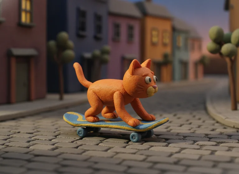 Claymation: cat riding a skateboard, AI-generated illustration