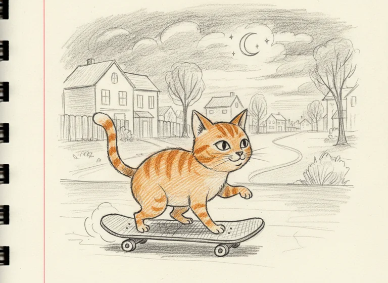 Doodle Sketch: cat riding a skateboard, AI-generated illustration