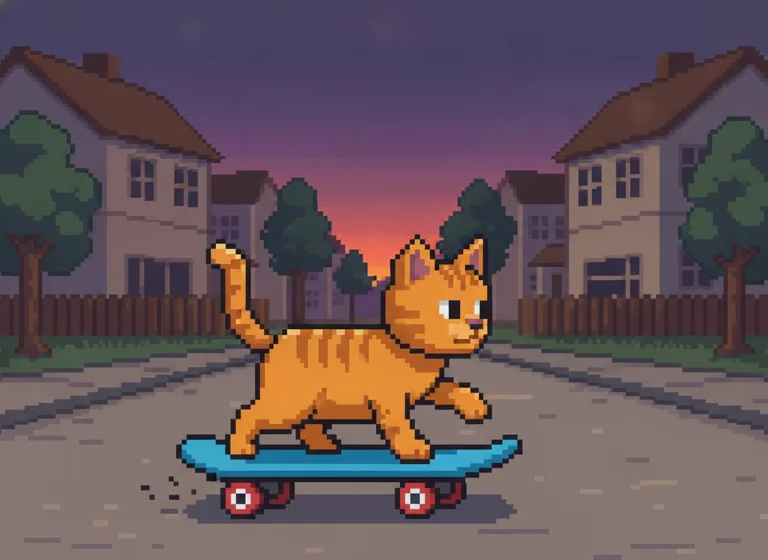 8-Bit Pixel Art: cat riding a skateboard, AI-generated illustration