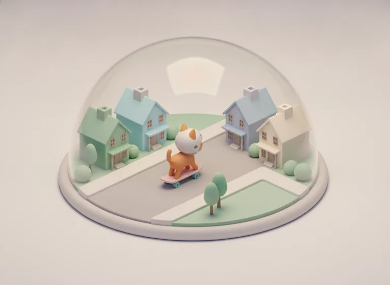 Isometric 3D: cat riding a skateboard, AI-generated illustration