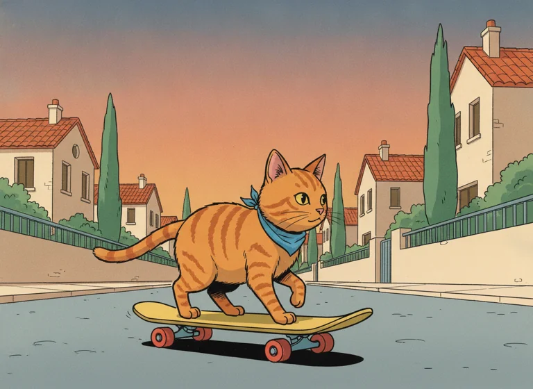 Ligne Claire: cat riding a skateboard, AI-generated illustration