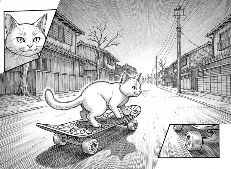 Black-and-White Manga: cat riding a skateboard, AI-generated illustration