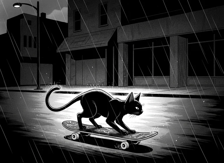 Noir Comic: cat riding a skateboard, AI-generated illustration