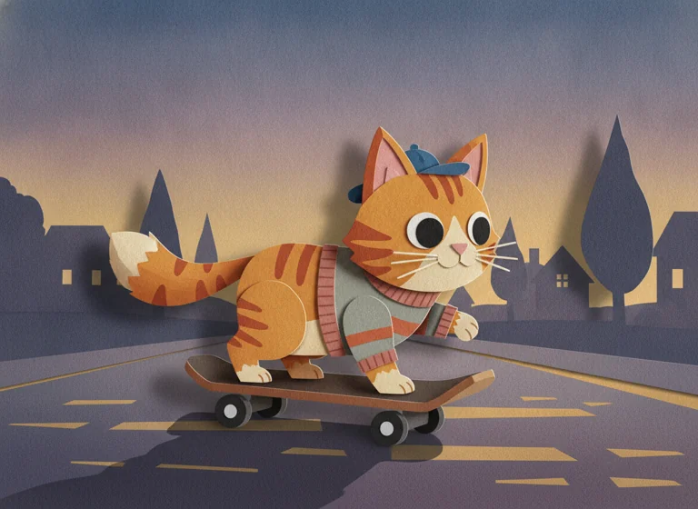 Papercraft Cutout: cat riding a skateboard, AI-generated illustration