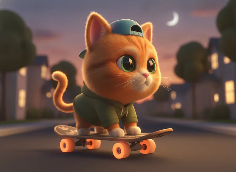 Soft 3D Character: cat riding a skateboard, AI-generated illustration