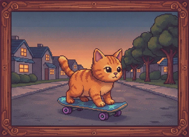 Pixel Art Portrait: cat riding a skateboard, AI-generated illustration