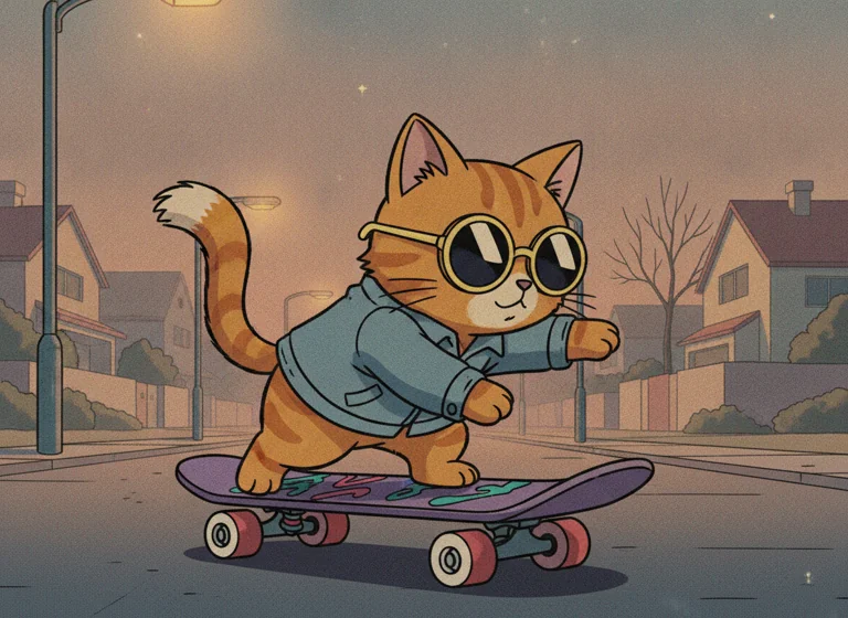 Retro 90s Anime: cat riding a skateboard, AI-generated illustration