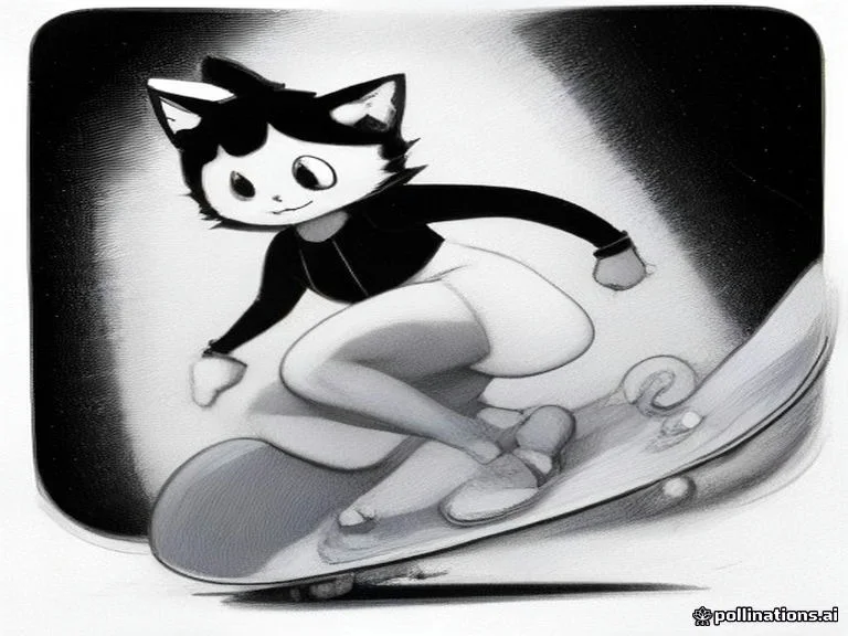 Rubber Hose: cat riding a skateboard, AI-generated illustration