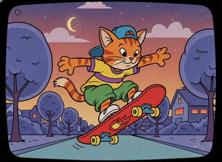 Saturday Morning Cartoon: cat riding a skateboard, AI-generated illustration