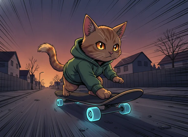 Shonen Anime: cat riding a skateboard, AI-generated illustration