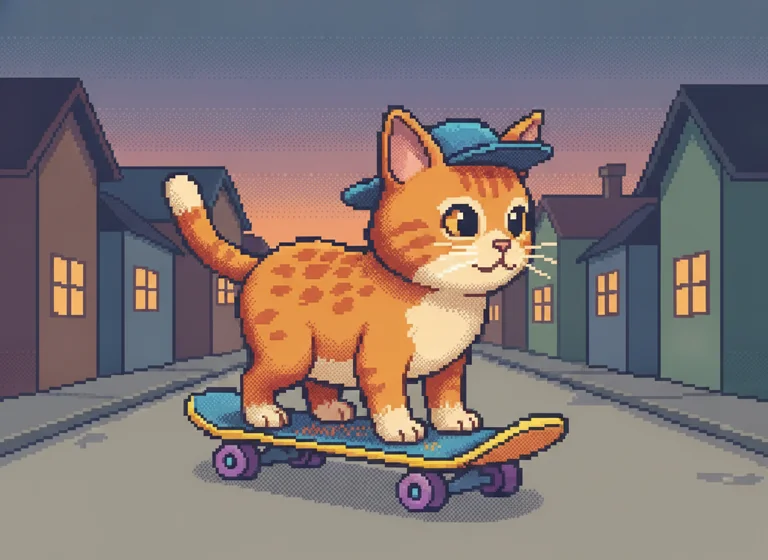 16-Bit Sprite: cat riding a skateboard, AI-generated illustration