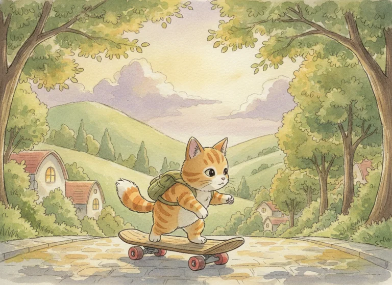 Hand-Painted Anime: cat riding a skateboard, AI-generated illustration