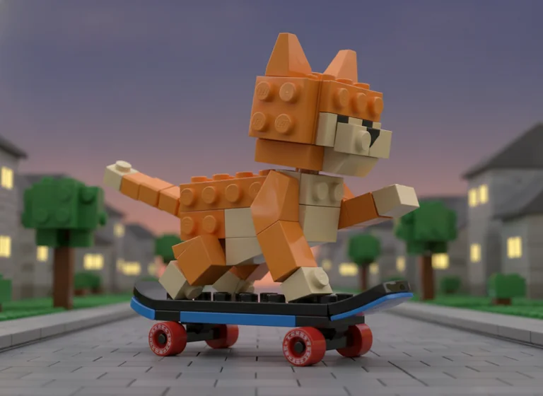 Toy Brick Minifigure: cat riding a skateboard, AI-generated illustration