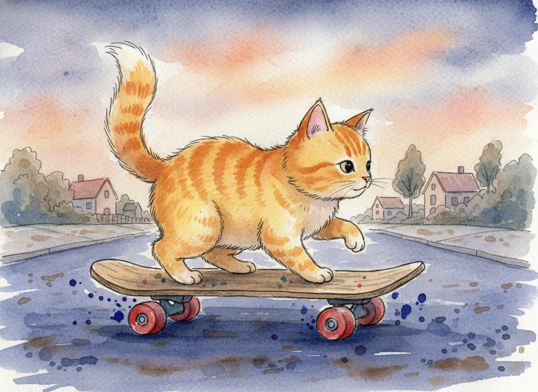 Watercolor Storybook: cat riding a skateboard, AI-generated illustration