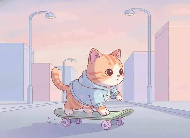Webtoon: cat riding a skateboard, AI-generated illustration